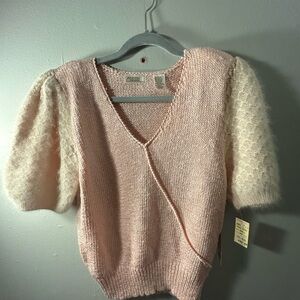 Vintage Elegant Blush V-Neck Sweater with Puff Sleeves